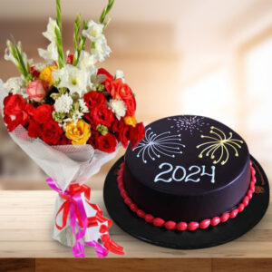 New Year Chocolate Cake & Bouquet